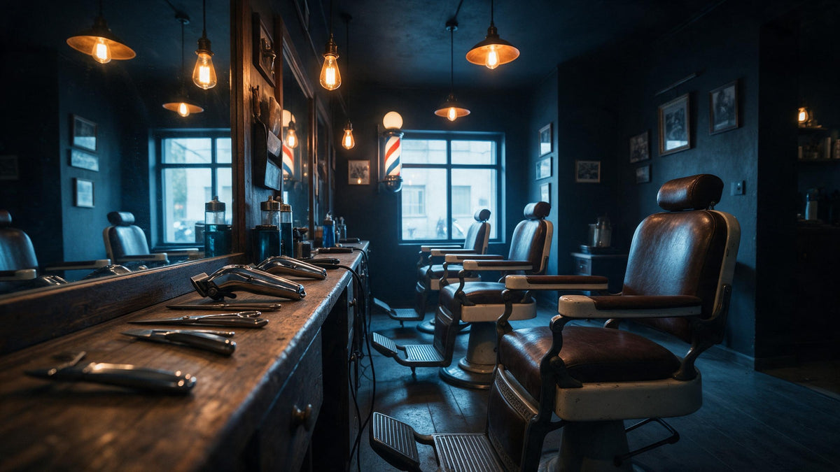 Classic barbershop interior with vintage chairs and barber pole