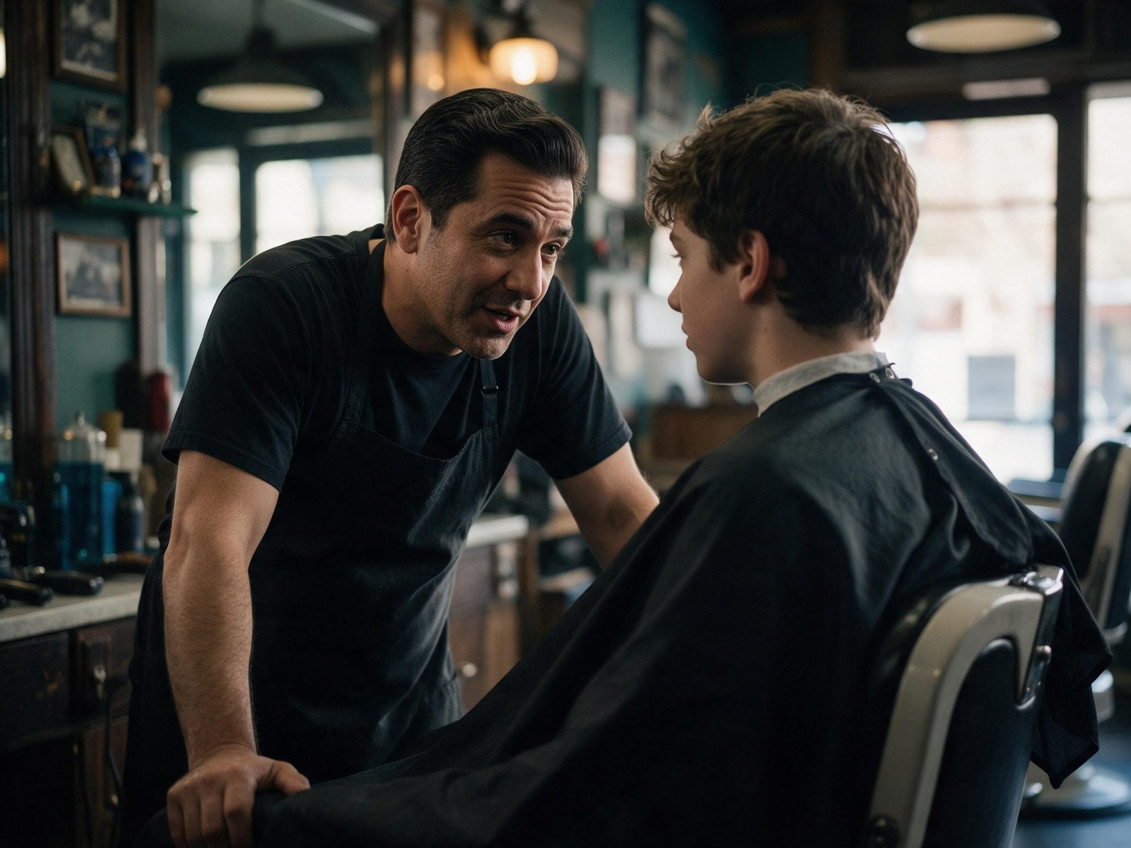 Barber talking with a teenage client in the chair